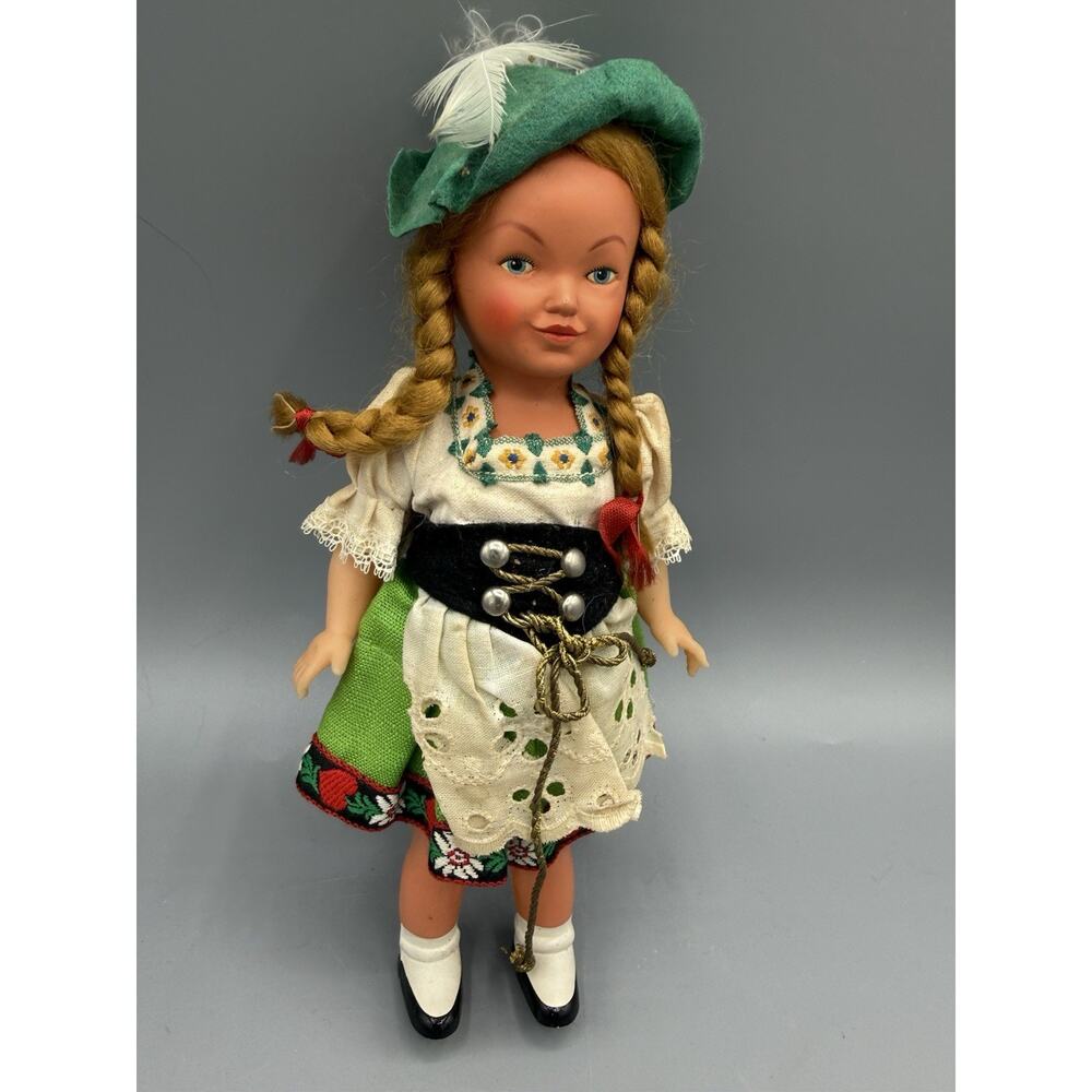 Vintage German Style Girl Doll Braids Green Dress Feather Hat 6”